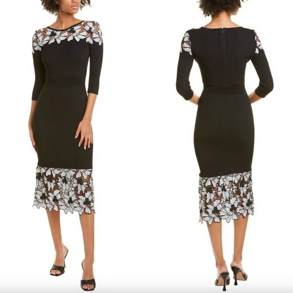 Yigal Azrouel Floral Embroidery Ribbed Knit Midi Dress Black Womens Size Small - Picture 1 of 11